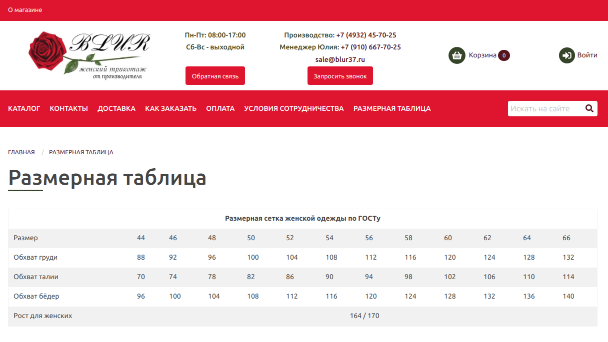 Размерная таблица