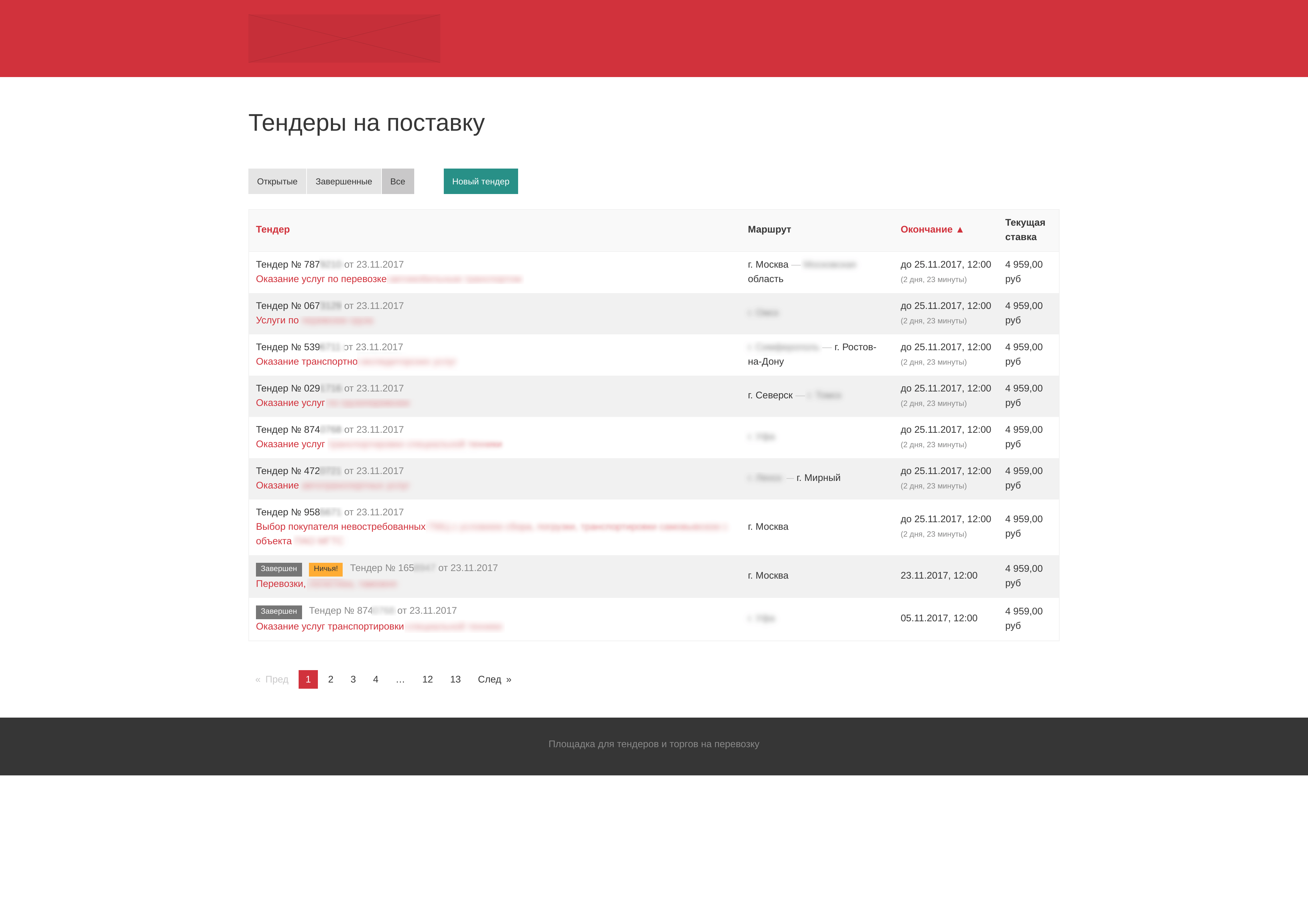 Прототип страницы тендеров на поставку